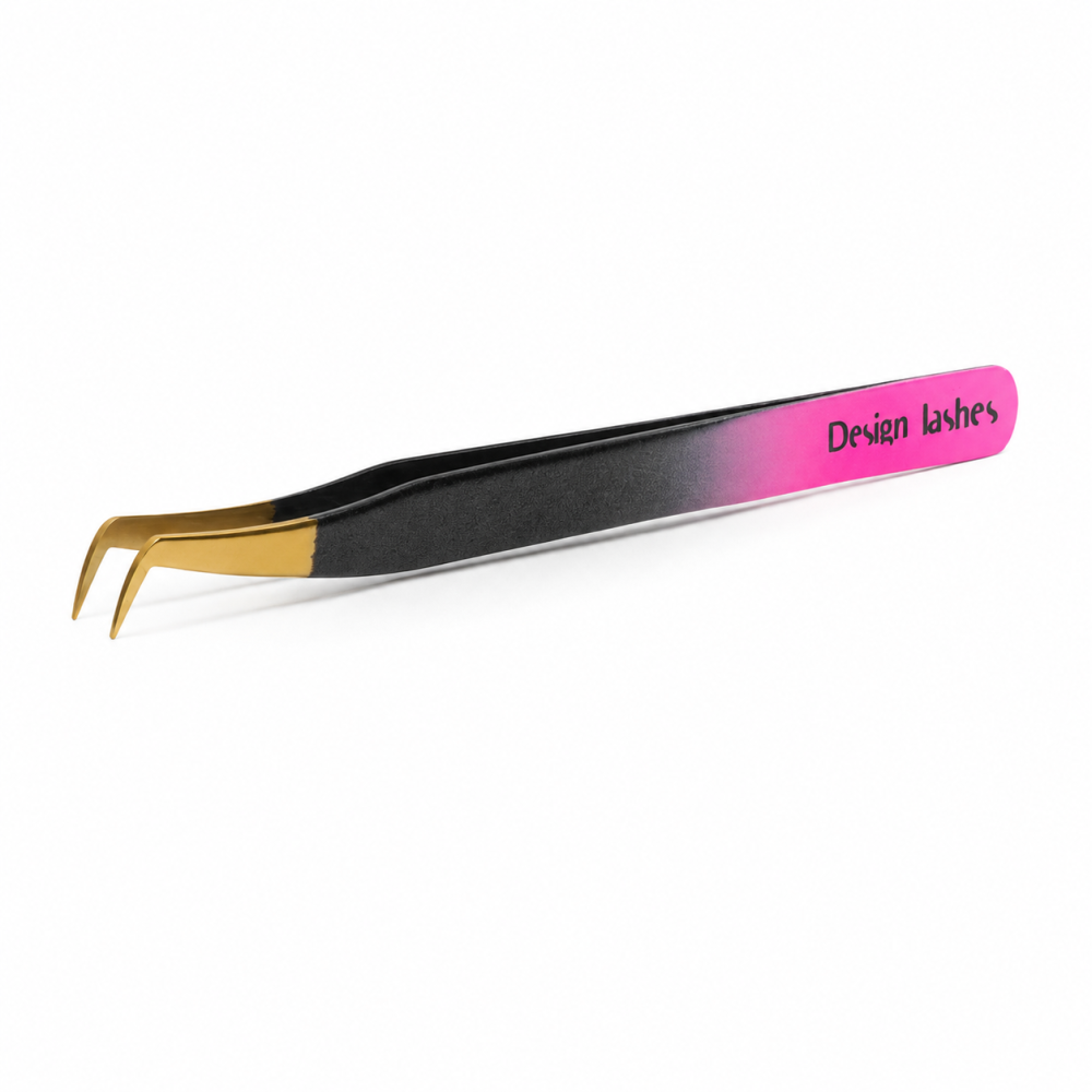 Пінцет Design Lashes для нарощування вій Чобіток NT/75-BR тонкий вигнутий чорно-рожевий з золотим носиком 11.5 см