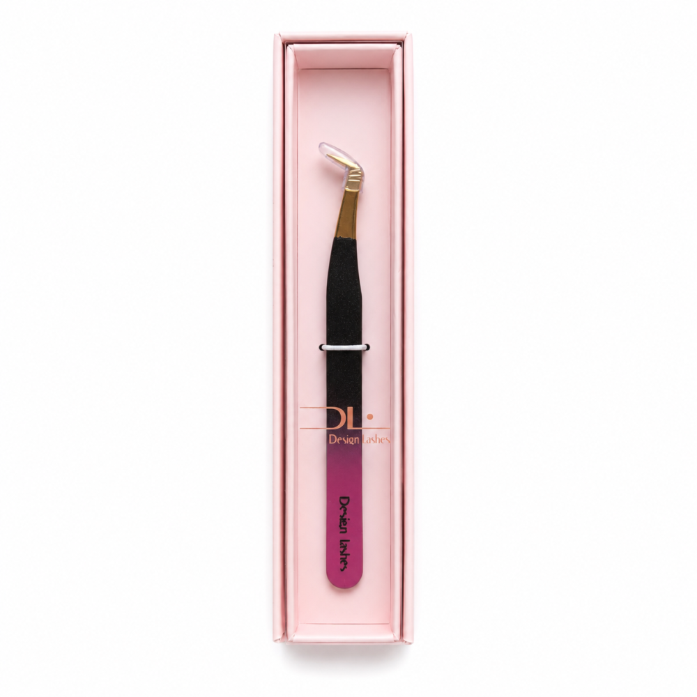 Пінцет Design Lashes для нарощування вій Чобіток NT/75-BR тонкий вигнутий чорно-рожевий з золотим носиком 11.5 см