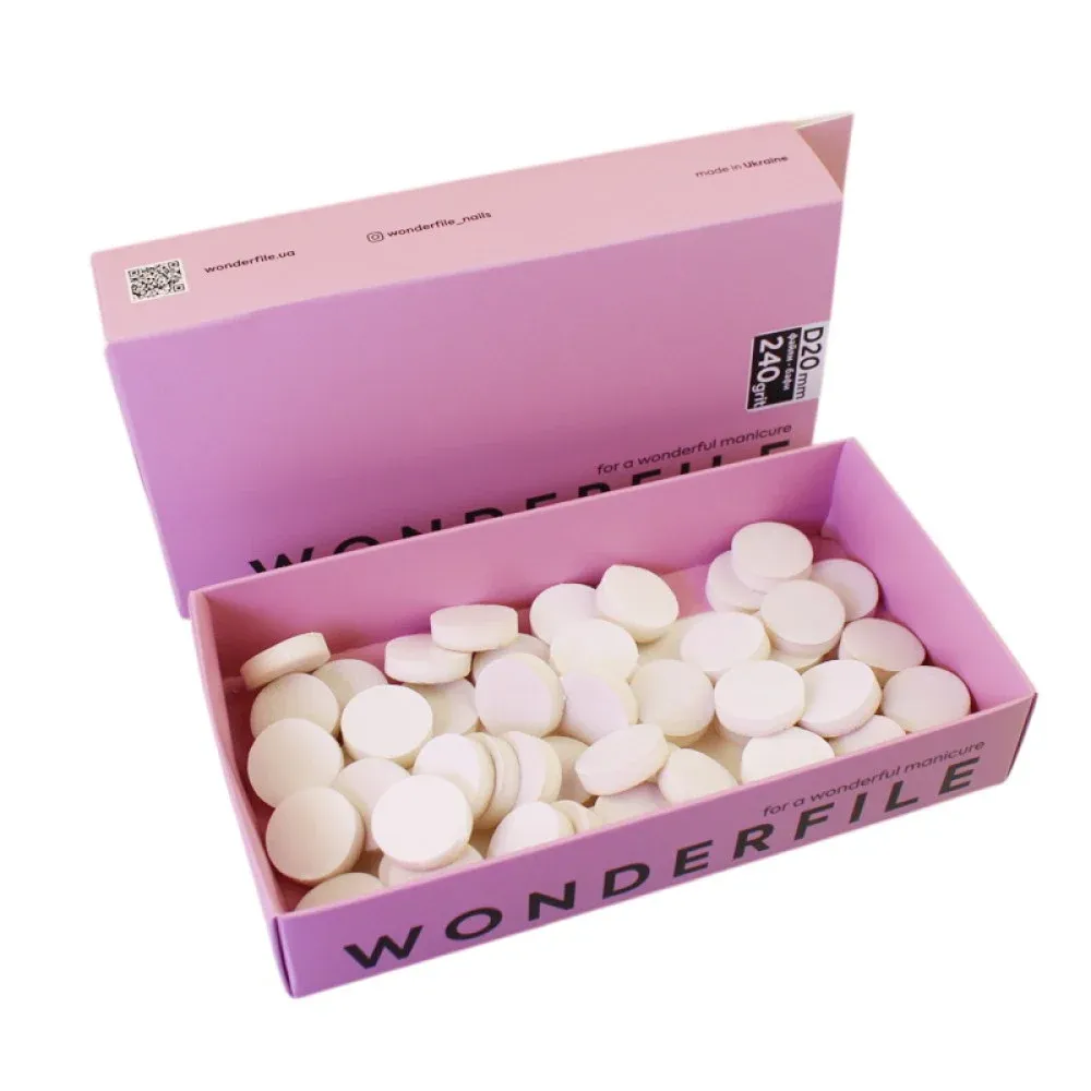 Змінні бафи для педикюрного диску Wonderfile D 20 мм 240 грит 50 шт колір білий Змінні бафи для педикюрного диску Wonderfile D 20 мм 240 грит 50 шт колір білий