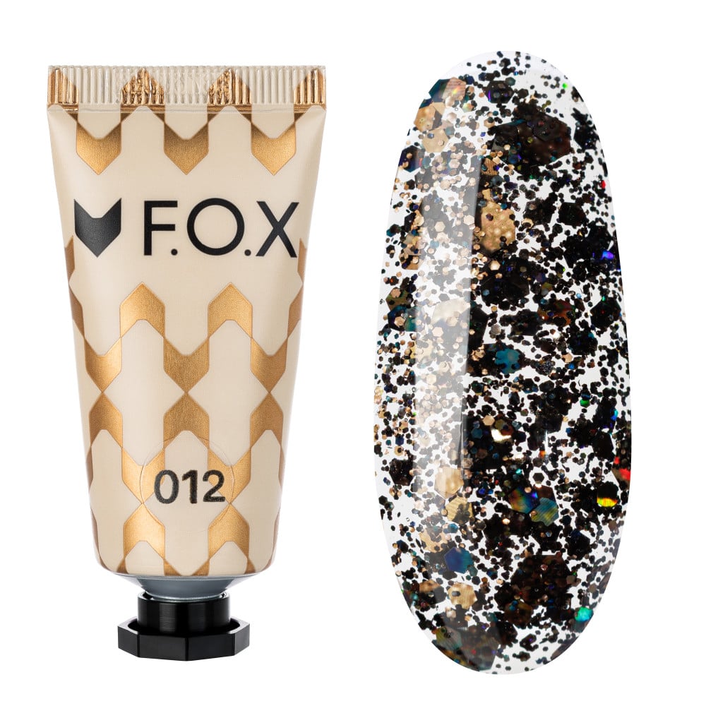 Полигель F.O.X Poly Gel Nano 012 прозрачный с черным мелким глиттером и голографическими камифубуками 15 мл