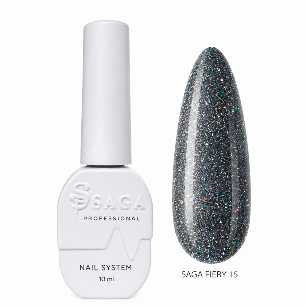 Гель-лак Saga Professional Fiery Gel 15 серебристо-серый со светоотражающими шиммерами и мелкими блестками 10 мл