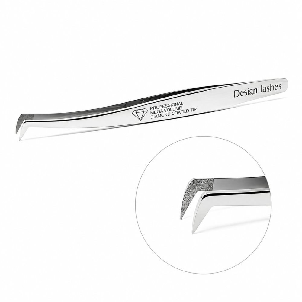 Пінцет Design Lashes для нарощування вій Чобіток Diamond V/75D-MR вигнутий дзеркальний 12 см