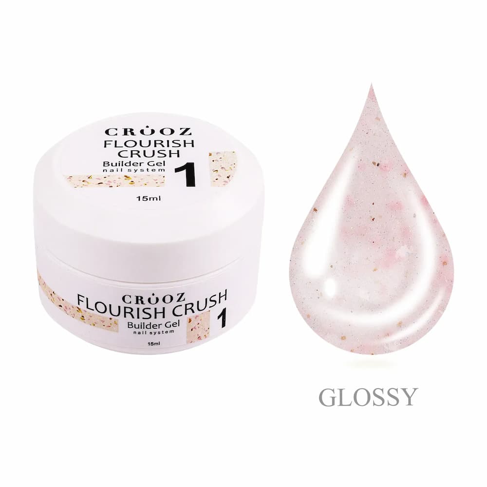 Гель будівельний Crooz Flourish Crush Builder Gel 01 молочно-рожевий з білими пластівцями та золотими вкрапленнями 15 мл