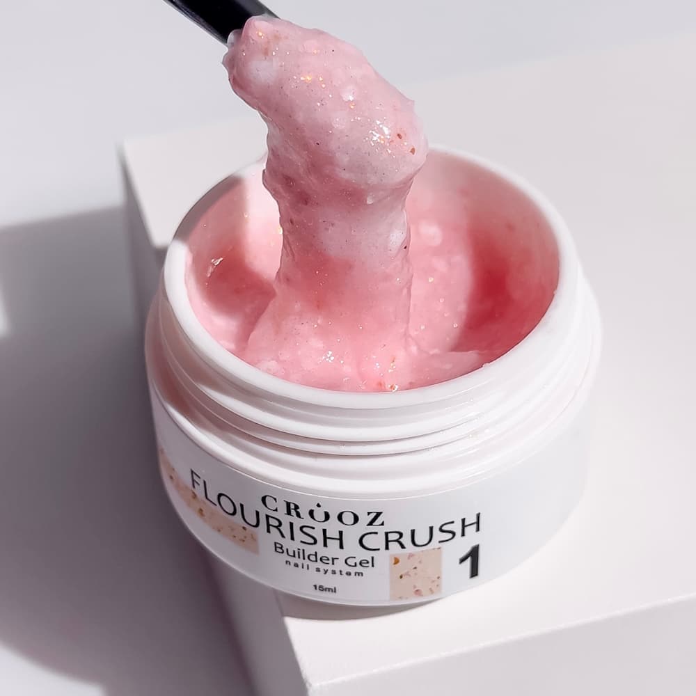 Гель будівельний Crooz Flourish Crush Builder Gel 01 молочно-рожевий з білими пластівцями та золотими вкрапленнями 15 мл