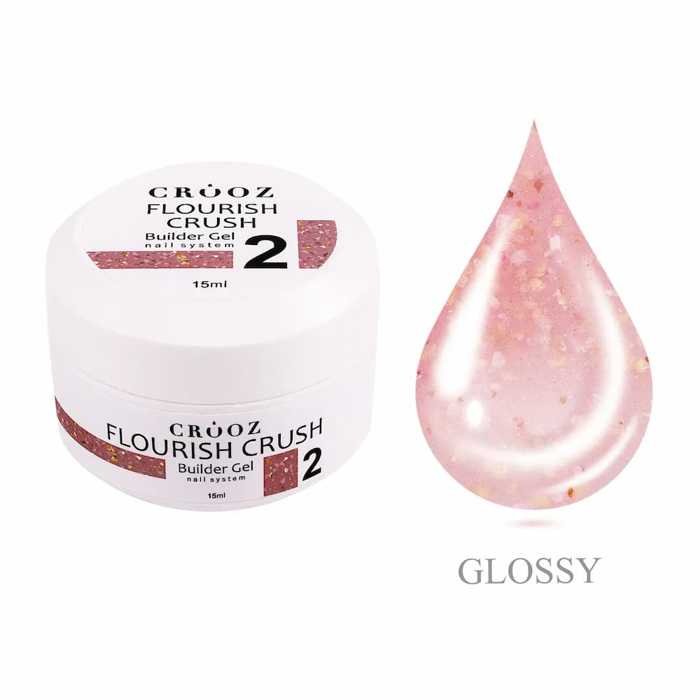 Гель будівельний Crooz Flourish Crush Builder Gel 02 пастельно-персиковий з дрібними білими ніжно-жовтими частинками та золотими в