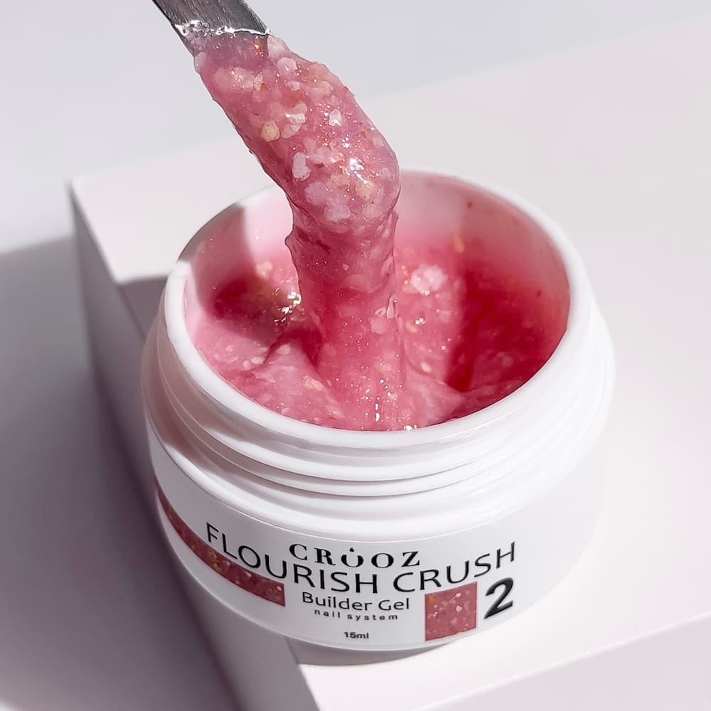 Гель будівельний Crooz Flourish Crush Builder Gel 02 пастельно-персиковий з дрібними білими ніжно-жовтими частинками та золотими в