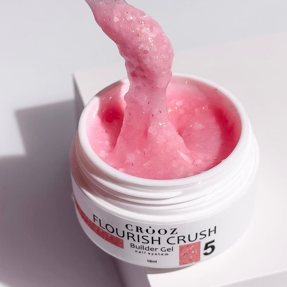 Гель будівельний Crooz Flourish Crush Builder Gel 05 ніжний рожево-персиковий із теплими нюдовими частинками 15 мл