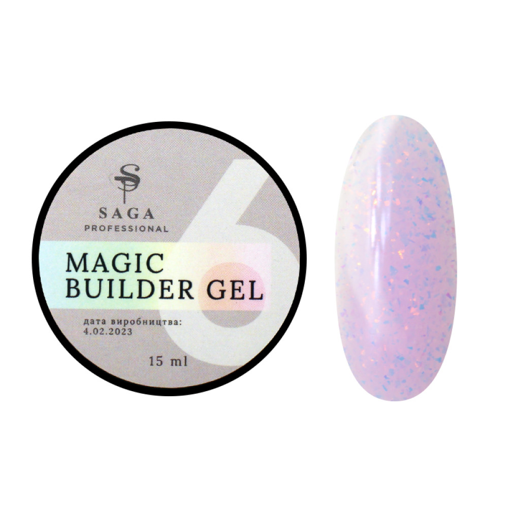 Гель для нарощування Saga Professional Magic Builder Gel 06. бузково-рожевий з пластівцями поталі. 15 мл