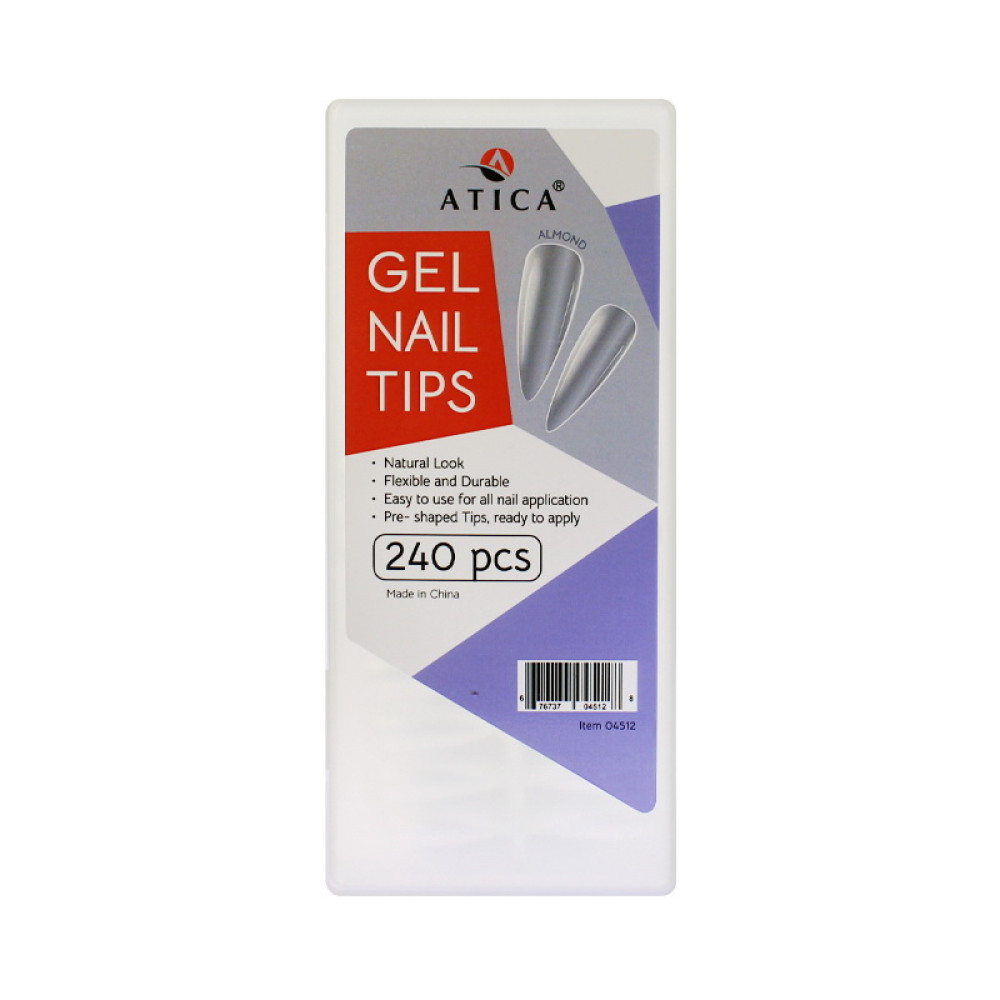 Типсы гелевые для наращивания ногтей Atica Gel Nail Tips Almond 240 шт миндаль прозрачные