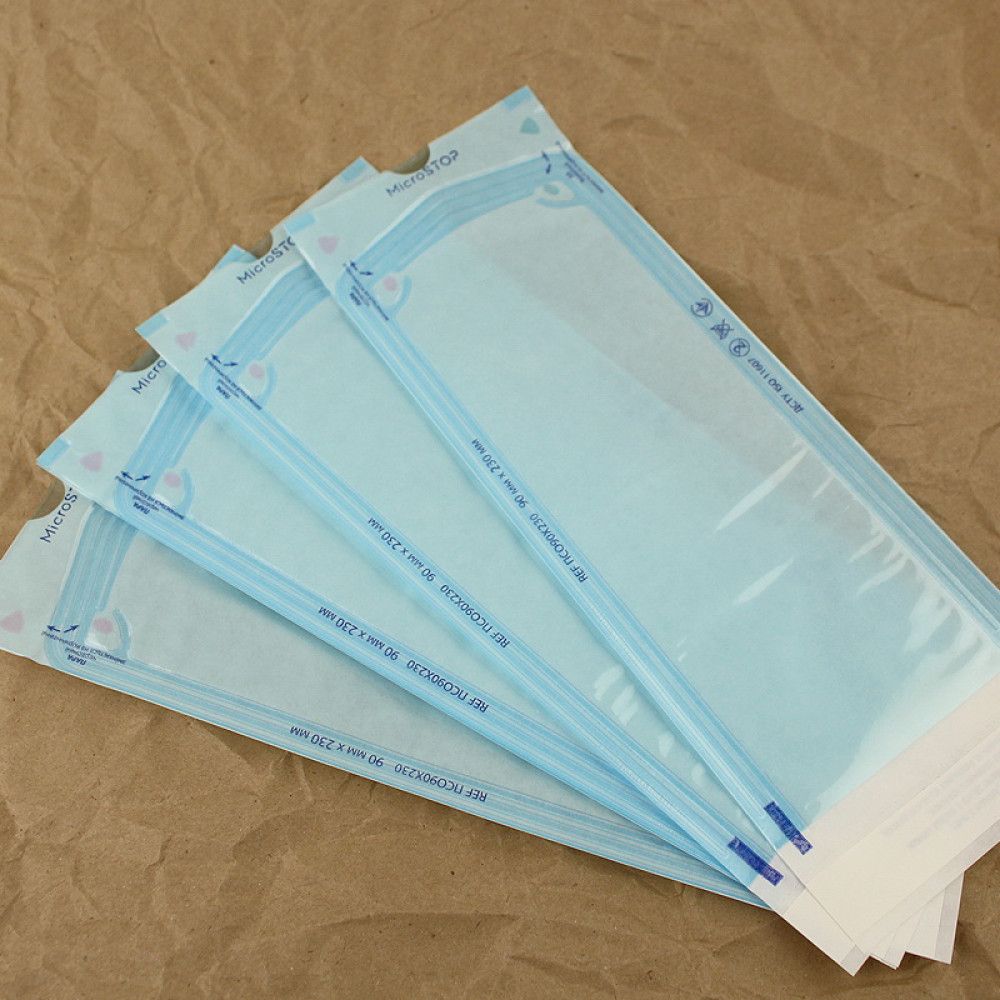 Крафт пакети MicroStop самоклеючі для стерилізації в автоклаві з індикатором 90х230 мм 200 шт колір білий