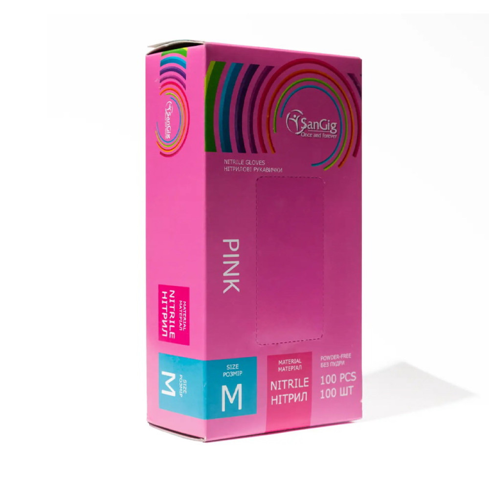 Перчатки нитриловые SanGig упаковка - 50 пар, размер M (без пудры), плотность 3,5 г, розовые