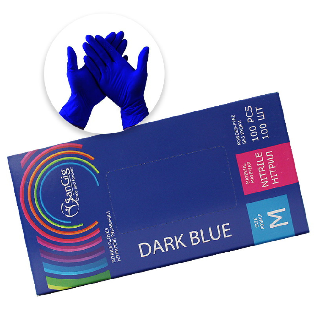 Перчатки нитриловые SanGig упаковка - 50 пар, размер M (без пудры), плотность 3,5 г, темно-синие
