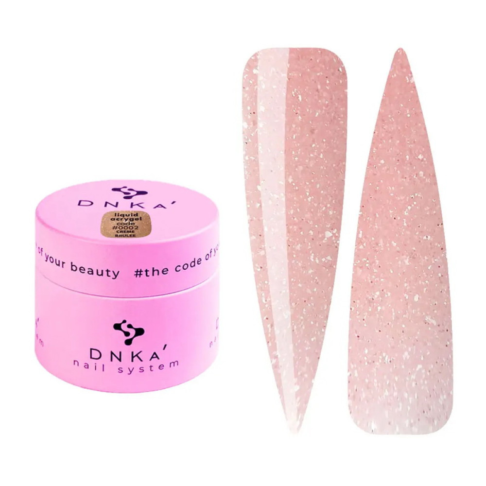 Жидкий гель DNKa Liquid Acrygel 0002 Creme Brulee для укрепления ногтей розово-бежевый с шиммером 15 мл