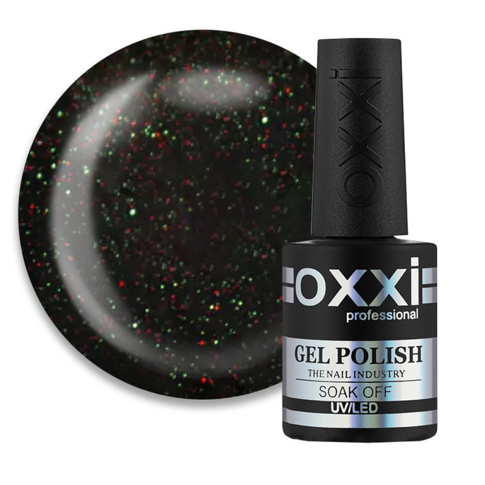 Гель-лак Oxxi Professional 239 черный с красно-зелеными мелкими блестками. 10 мл