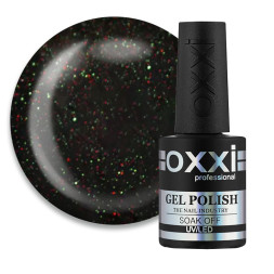 Гель-лак Oxxi Professional 239 чорний з червоно-зеленими дрібними блискітками. 10 мл