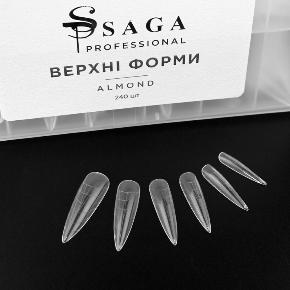 Верхние формы для наращивания ногтей Saga Professional Almond миндаль с разметкой прозрачные 240 шт