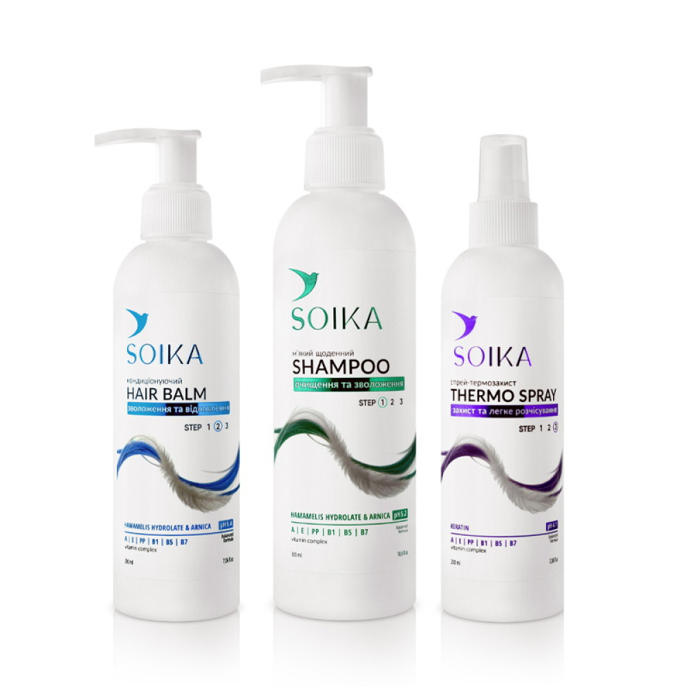 Набір для волосся Soika Pro 3 в 1 шампунь. кондиціонер та спрей-термозахист для всіх типів волосся з гідролатами гамамелісу. арнік