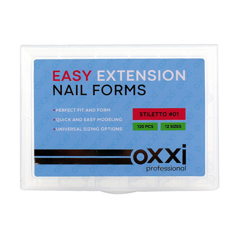 Верхні форми для нарощування нігтів Oxxi Professional Easy Extension Nail Forms 01 Stiletto стилет з розміткою прозорі 120 шт