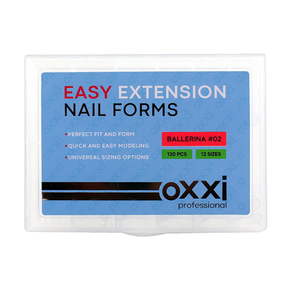 Верхні форми для нарощування нігтів Oxxi Professional Easy Extension Nail Forms 02 Ballerina балерина з розміткою прозорі 120 шт