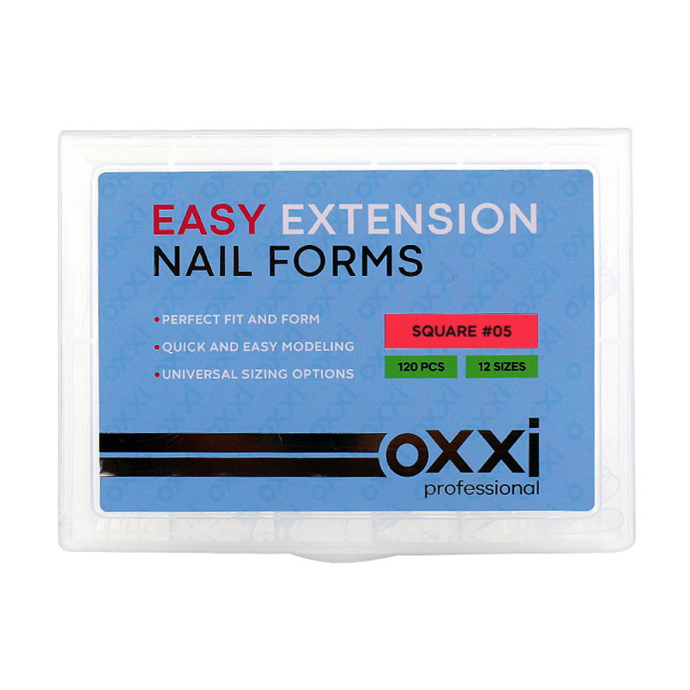 Верхні форми для нарощування нігтів Oxxi Professional Easy Extension Nail Forms 05 Square квадрат з розміткою прозорі 120 шт