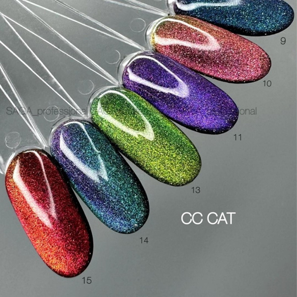 Гель-лак Saga Professional Cat Chameleon 15 оранжево-червоний зі світловідбиваючими шимерами та мілкими блискітками з відблиском 9