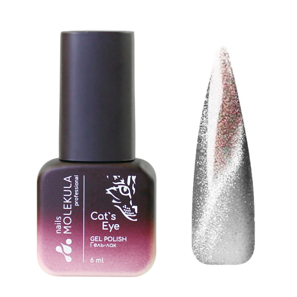 Гель-лак Nails Molekula 9D Quartz Cats Eye 909 серебро. кварцево-розовый многоцветный блик с эффектом драгоценного камня. 6 мл