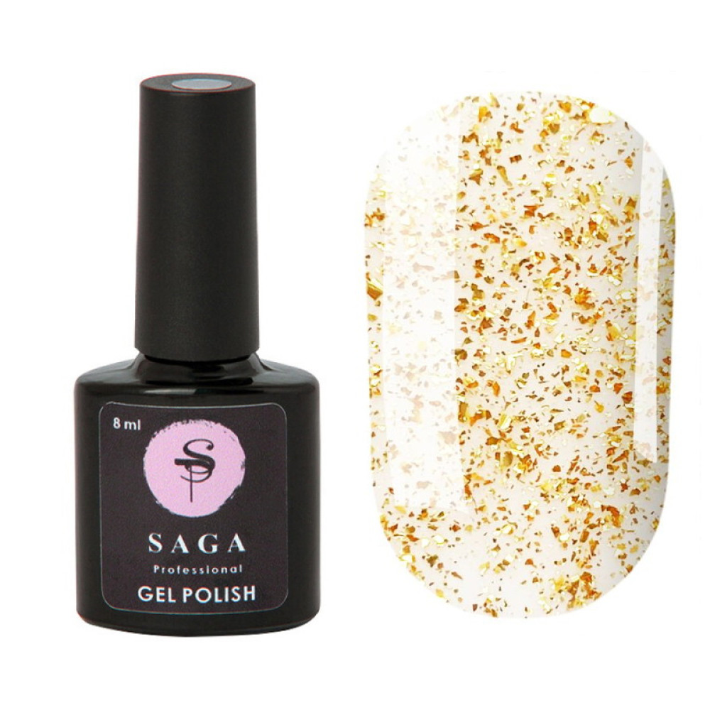 Топ для гель-лаку без липкого шару Saga Professional Top Leaf Gold з золотими пластівцями потали. 8 мл