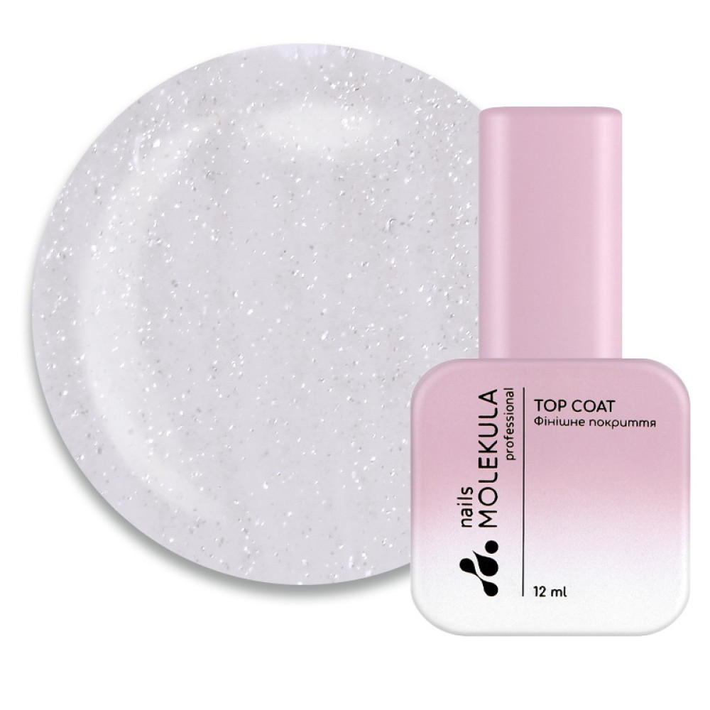 Топ каучуковый для гель-лака без липкого слоя Nails Molekula Top Rubber Unicorn No Sticky с мелкими радужными частицами. 12 мл