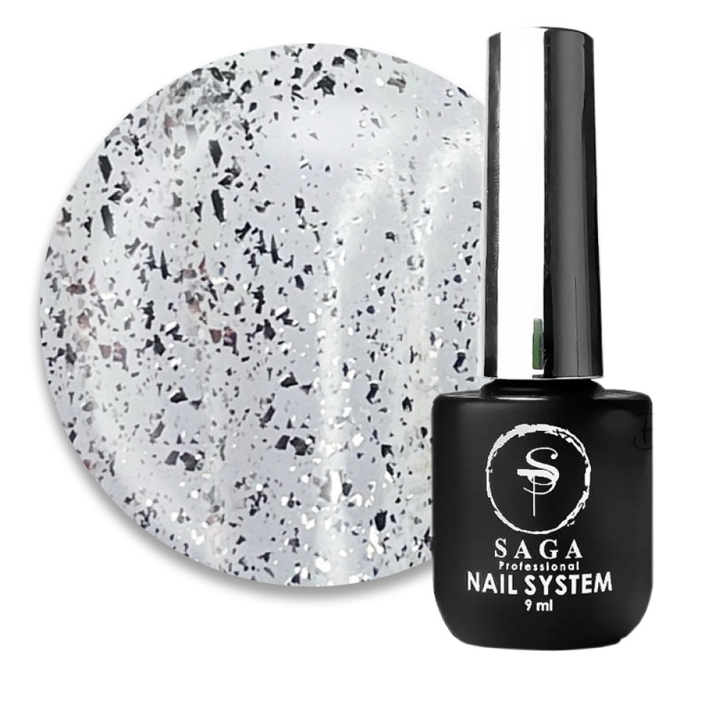 Топ для гель-лаку без липкого шару Saga Professional Top Leaf Silver зі срібними пластівцями поталі. 9 мл