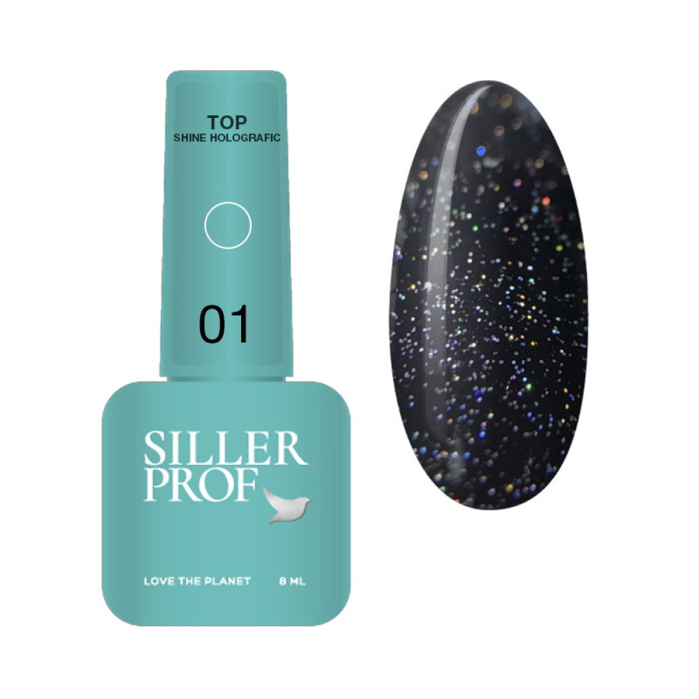 Топ для гель-лаку без липкого шару Siller Professional Top Shine Holografic No Wipe 01 зі срібними голографічними частинками 8 мл