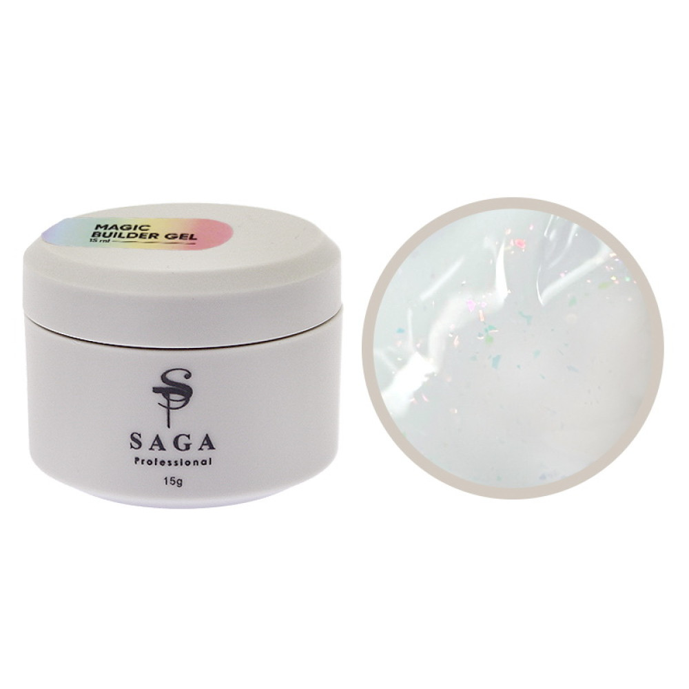 Гель для нарощування Saga Professional Magic Builder Gel 01 молочний з кольоровими пластівцями поталі 15 мл