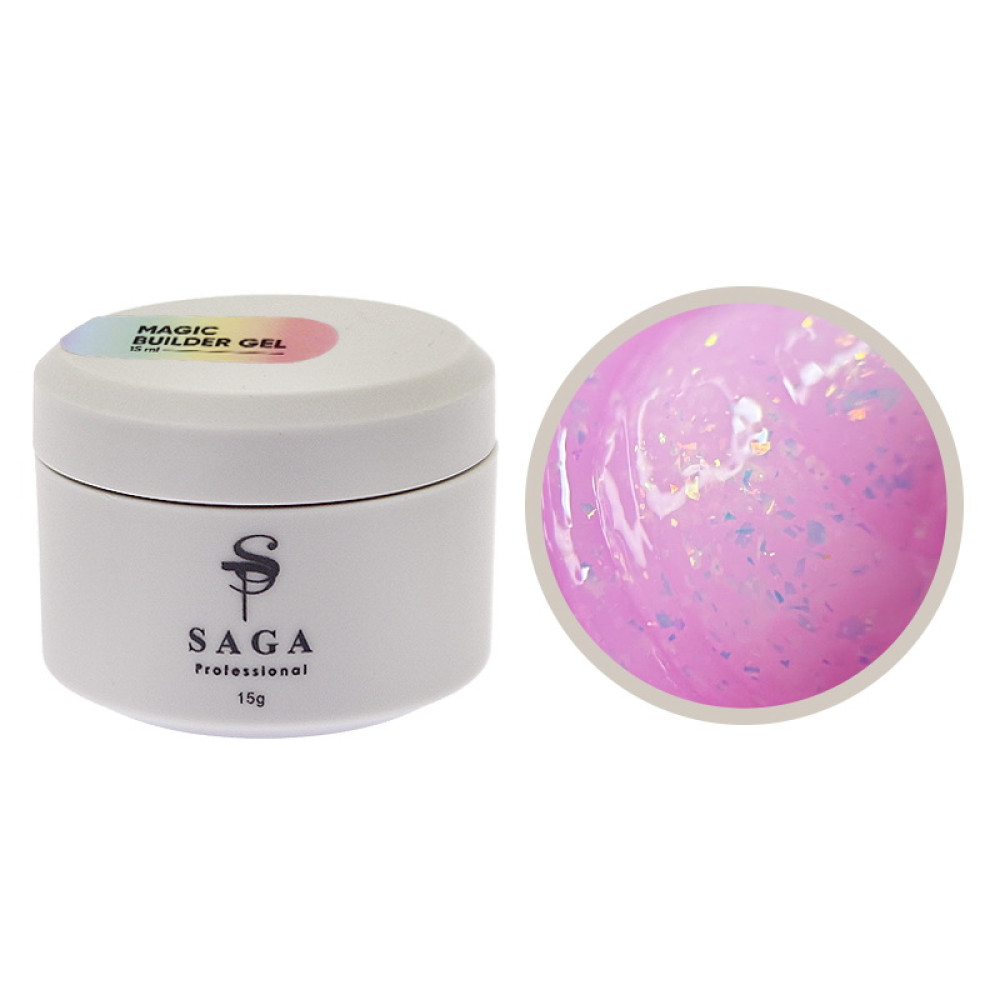 Гель для нарощування Saga Professional Magic Builder Gel 03 рожевий з кольоровими пластівцями поталі 15 мл