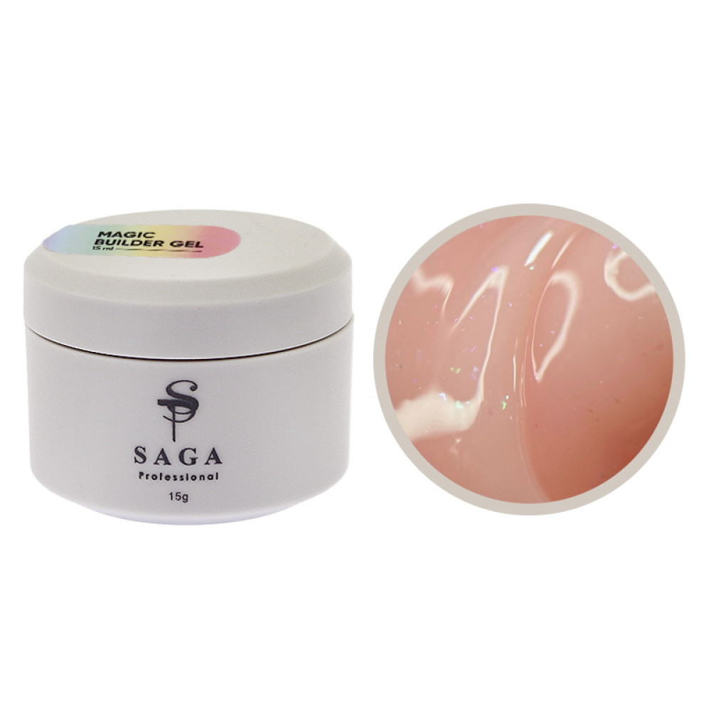 Гель для нарощування Saga Professional Magic Builder Gel 04 персиковий беж з кольоровими пластівцями поталі 15 мл