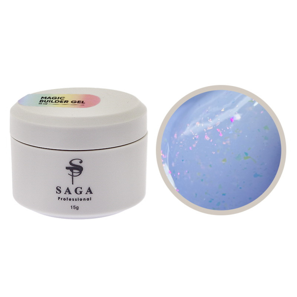 Гель для нарощування Saga Professional Magic Builder Gel 05 бузково-блакитний з кольоровими пластівцями поталі 15 мл