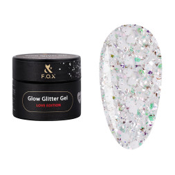 Глітерний гель F.O.X Glow Glitter Gel Love Edition 011 ніжна композиція білих сердечок. голографічних шестикутників і срібної пота
