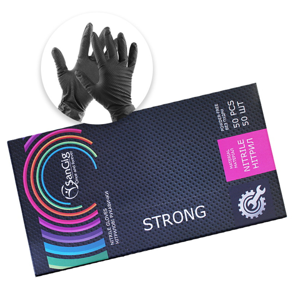 Перчатки нитриловые SanGig Strong упаковка - 50 пар размер L (без пудры) плотность 9 г черные