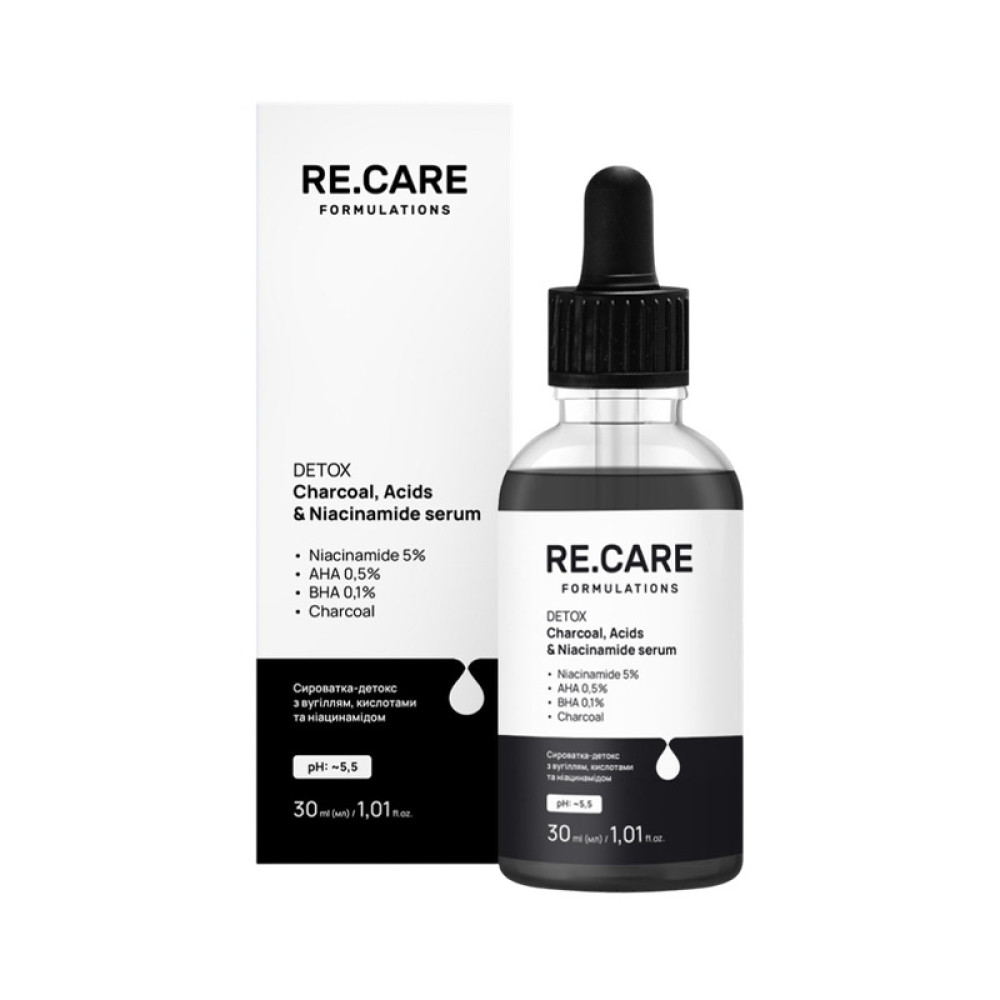 Сироватка-детокс RE.CARE Detox Charcoal Acids & Niacinamide Serum з вугіллям. кислотами та ніацинамідом 30 мл