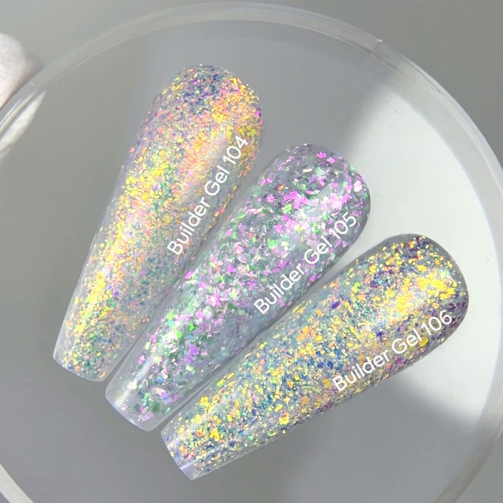 Гель строительный Nails Of The Day Builder Gel 104 прозрачный с хлопьями юки 15 мл