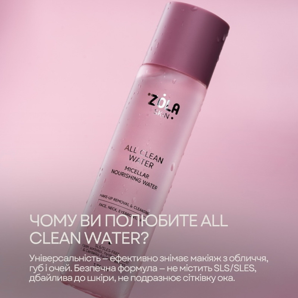 Міцелярна вода ZOLA Micellar Nourishing Water All Clean Water з екстрактом центелли азіатської та гіалуроновою кислотою 170 мл
