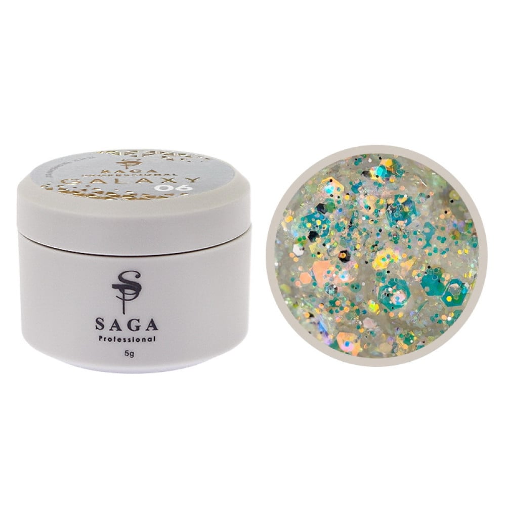 Глітерний гель Saga Professional Galaxy Glitter 06 прозорий з голографічними золотистими глітерними частинками 5 мл