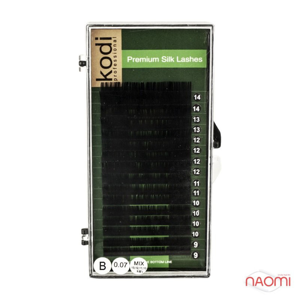 Вії Kodi professional Green B 0.07 (16 рядів: 9,10,11,12,13,14 мм), чорні