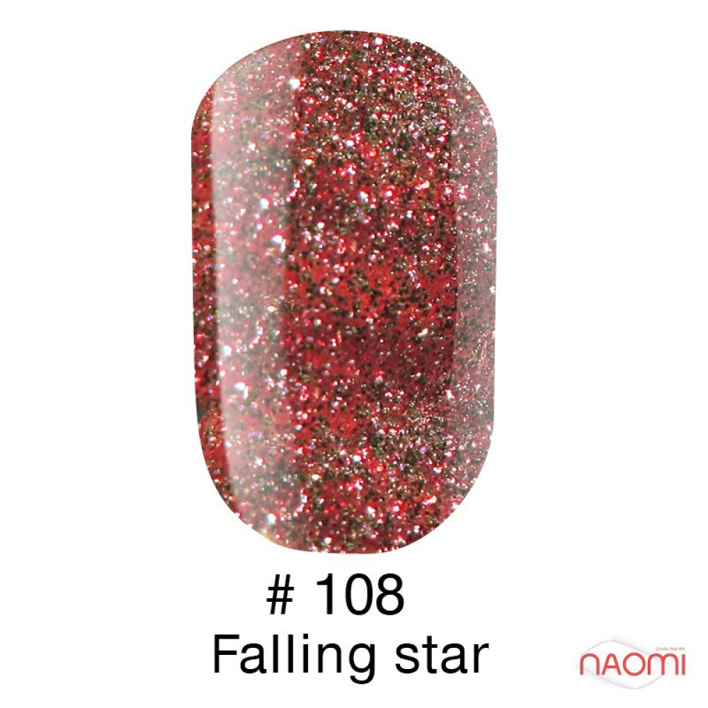 Гель-лак Naomi 108 Falling Star червоні і срібні блискітки, 6 мл