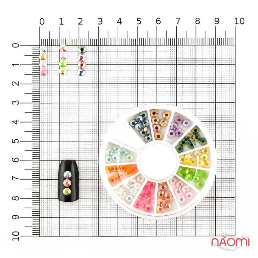 Декор для нігтів в контейнері Карусель стрази неонові. 12 кольорів d = 2.5 мм