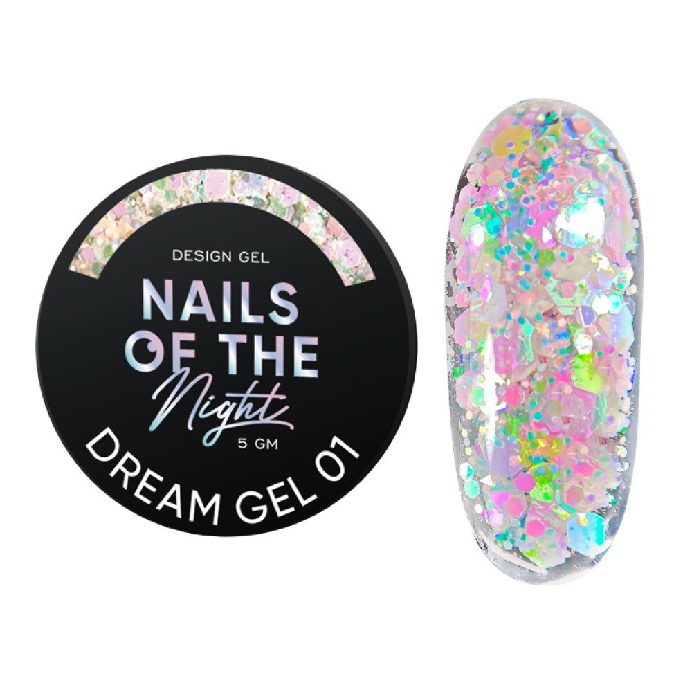 Гель для дизайну Nails Of The Night Dream Gel 01 молочно-рожевий з голографічними шестигранниками та глітером. 5 мл