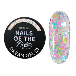 Гель для дизайну Nails Of The Night Dream Gel 01 молочно-рожевий з голографічними шестигранниками та глітером. 5 мл