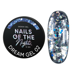 Гель для дизайну Nails Of The Night Dream Gel 02 срібло з голографічними шестигранниками та глітером. 5 мл