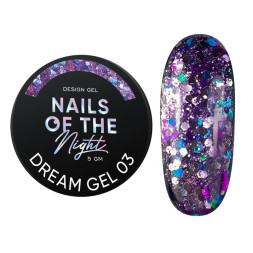 Гель для дизайну Nails Of The Night Dream Gel 03 фіолетовий з голографічними шестигранниками та глітером. 5 мл