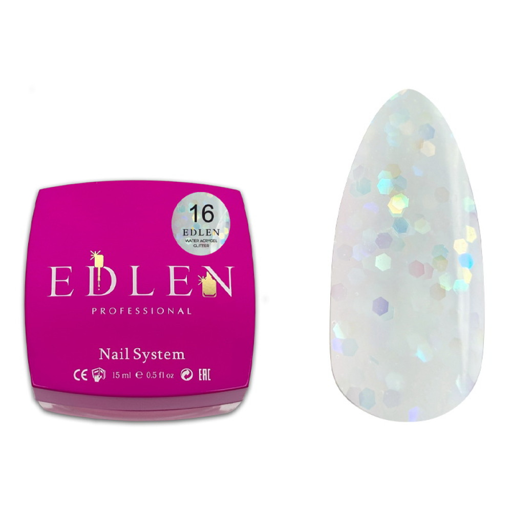 Жидкий гель Edlen Professional Water Acrygel Glitter 16 молочный с глиттером 15 мл