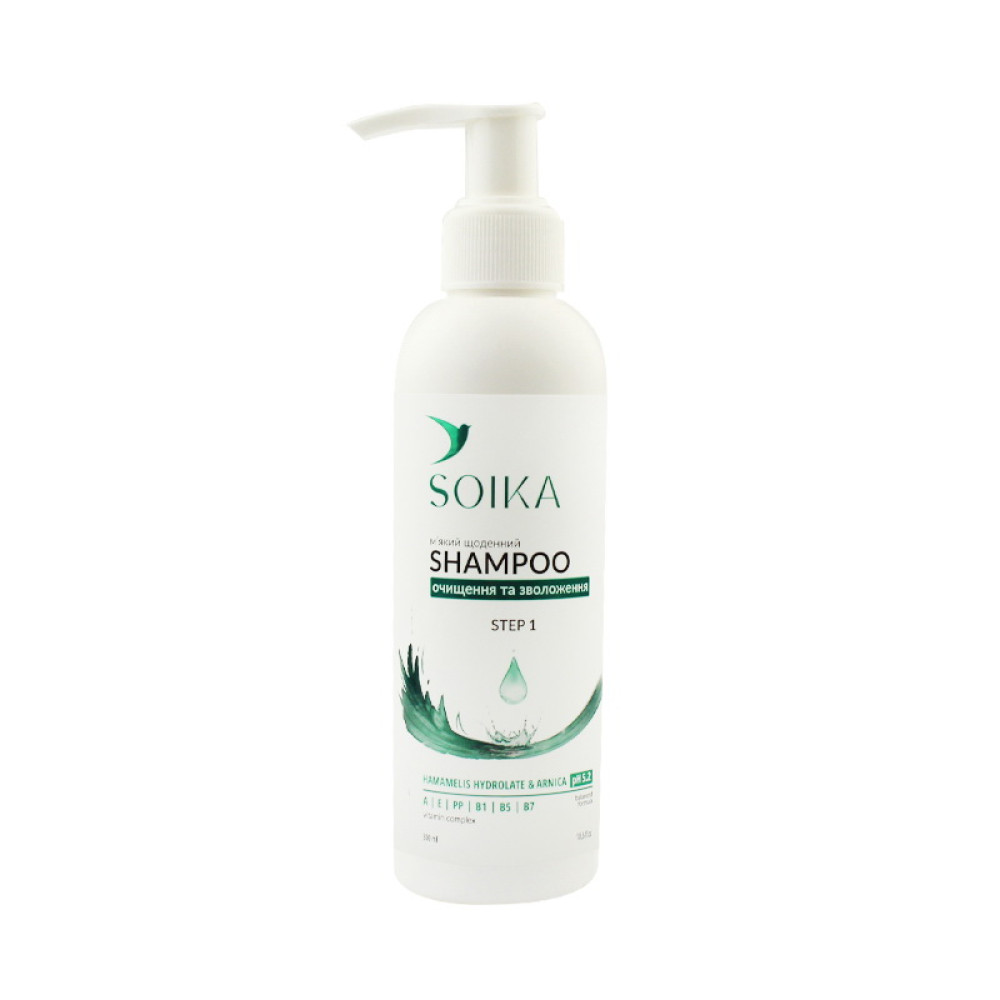 Шампунь для волос Soika Shampoo очищающий и увлажняющий с гидролатами гамамелиса, арники и витаминами для ежедневного ухода, 300 мл