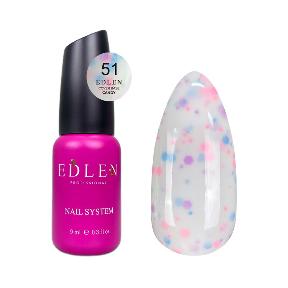База цветная Edlen Professional Base Candy 51. белый с неоновыми голубыми и розовыми блестками. 9 мл
